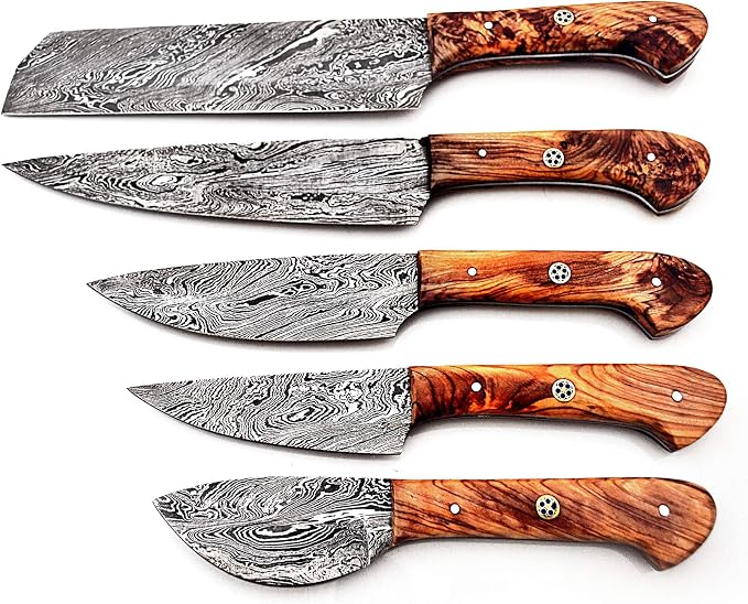 Five piece Damascus steel knife set with pakka wood handles fanned on white