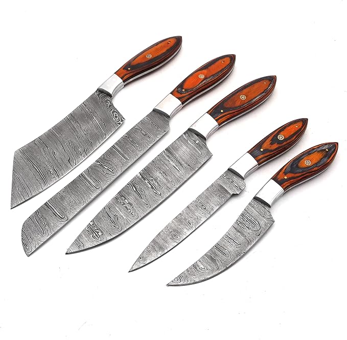 5 pieces Damascus knives fanned on white background