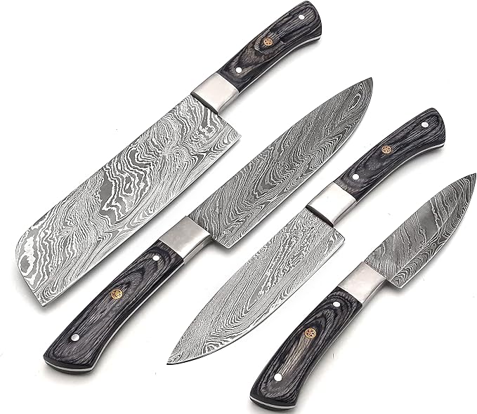 4 piece Damascus knife set with cleaver and 3 knives fanned out