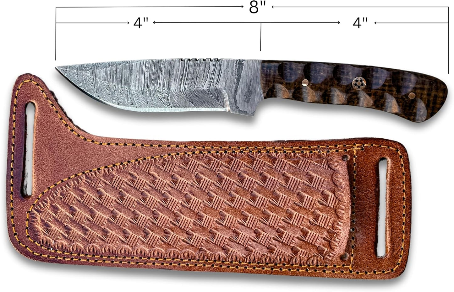 Twist Damascus Skinning Knife – Handmade Fixed Blade Hunting Knife with Brown Micarta Handle & Leather Sheath