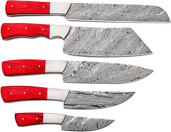 5 pieces Damascus knives with red handles fanned out