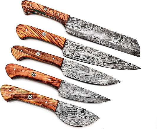 Five piece Damascus steel knife set with pakka wood handles fanned on white