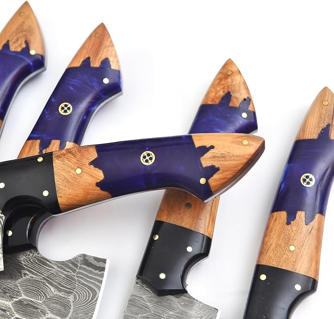 5 Pieces Damascus Knife Set with Mosaic Pin Handles