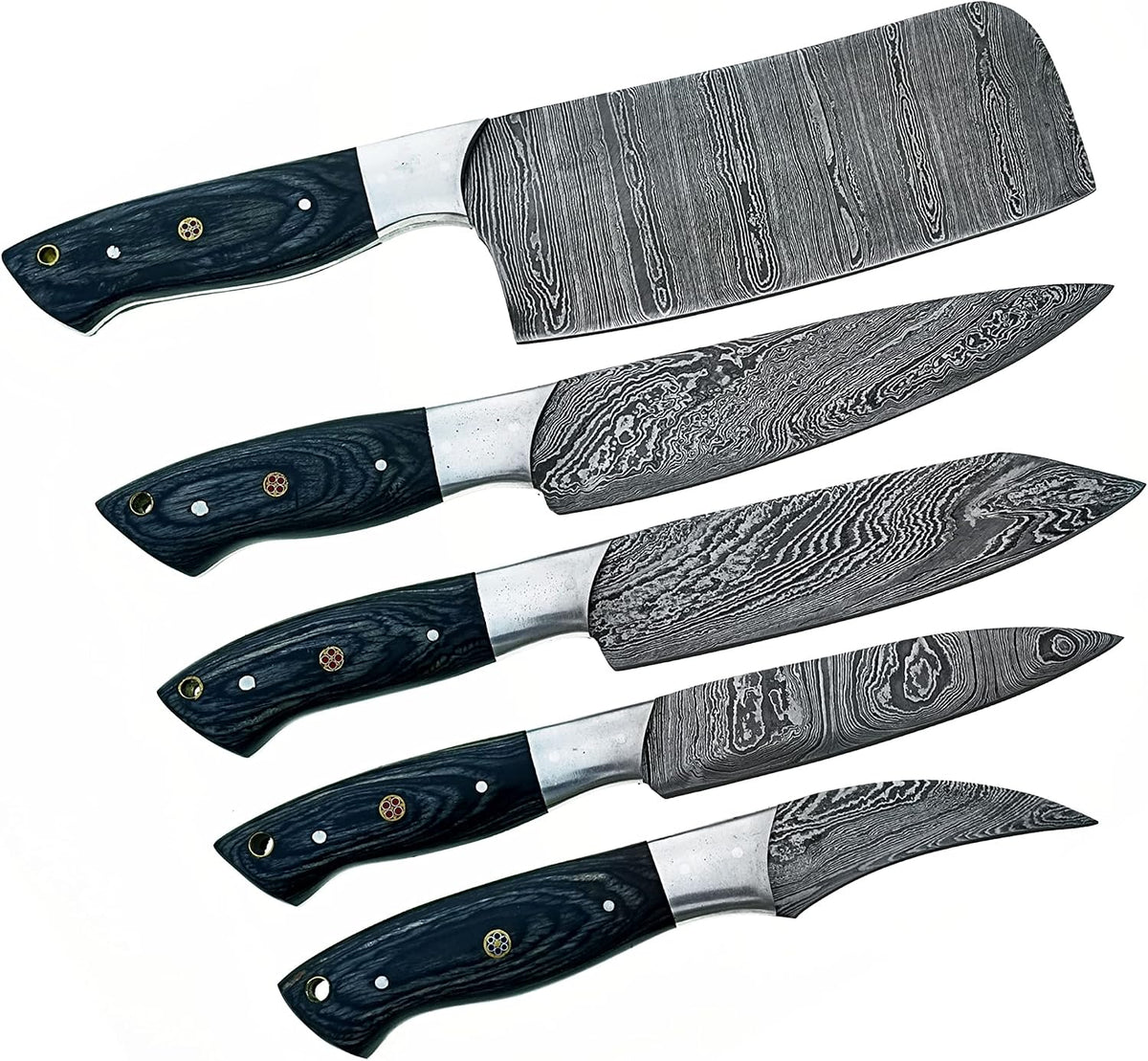 5 Damascus knives with pakka wood handles and colored mosaic pins