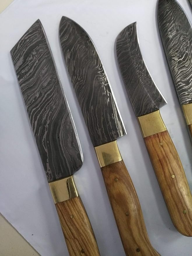 5 Pieces Damascus Knife Set with Brass Bolsters