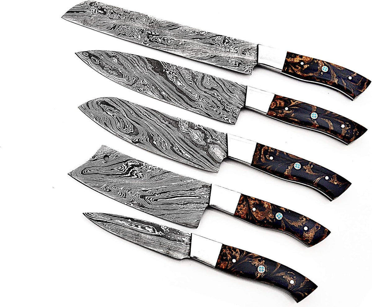 5 piece knife set with black and copper handles on white background