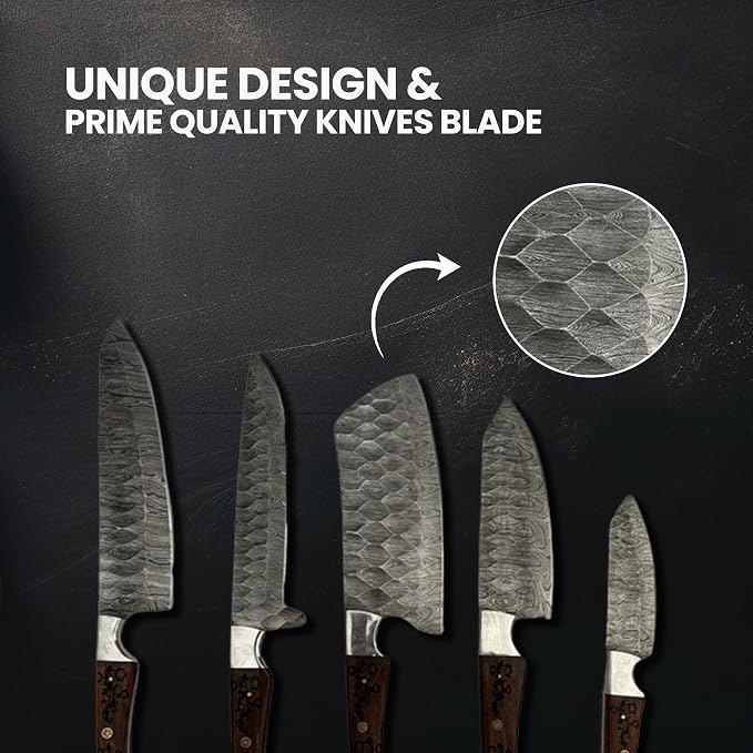 5 Pieces Damascus Knife Set, Honeycomb Hammered Blades