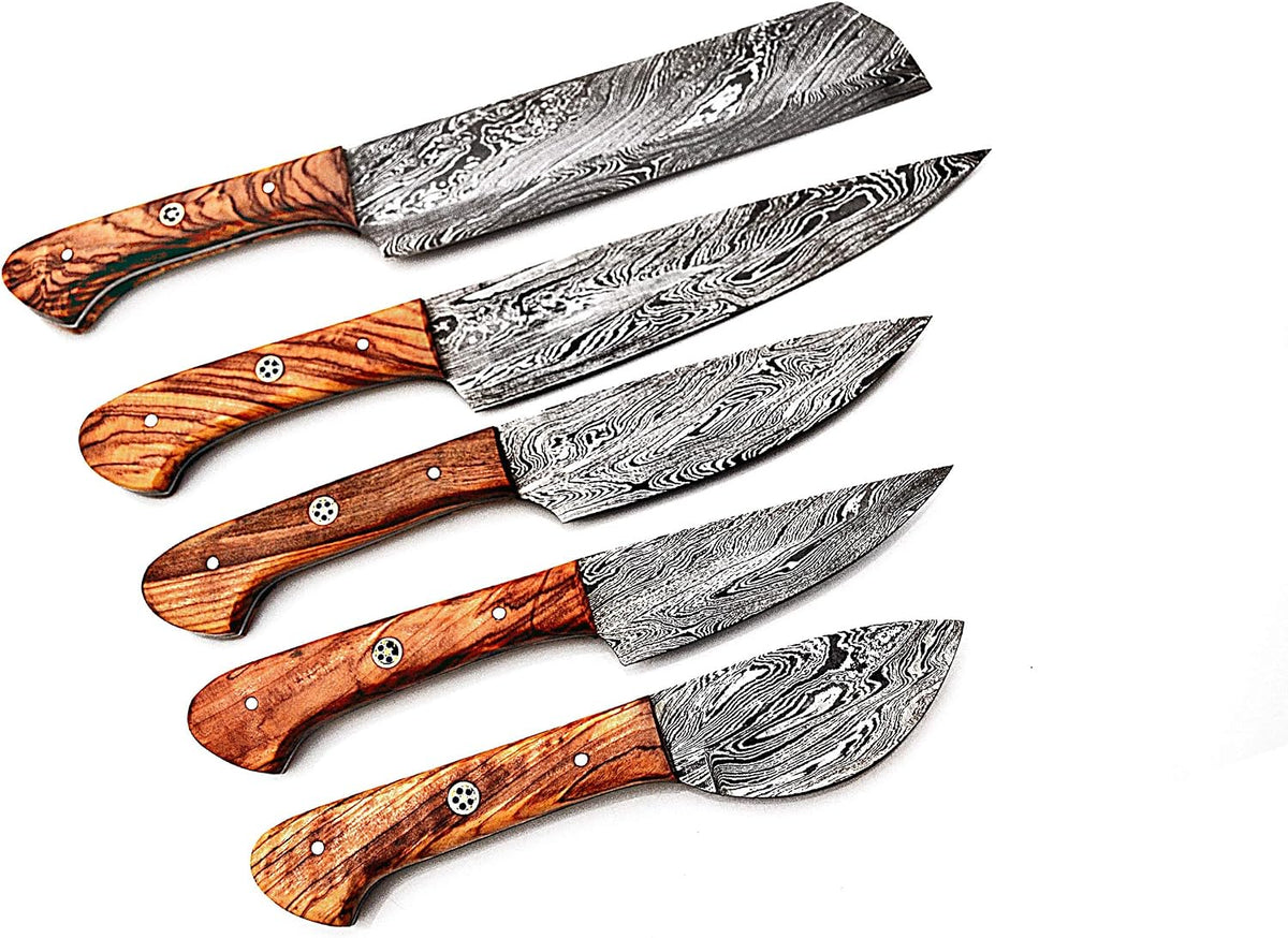 Damascus knife set of five fanned out showing the wave pattern on every blade