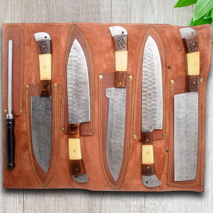 Open rust leather roll case showing 5 wood handle Damascus knives and a sharpening rod