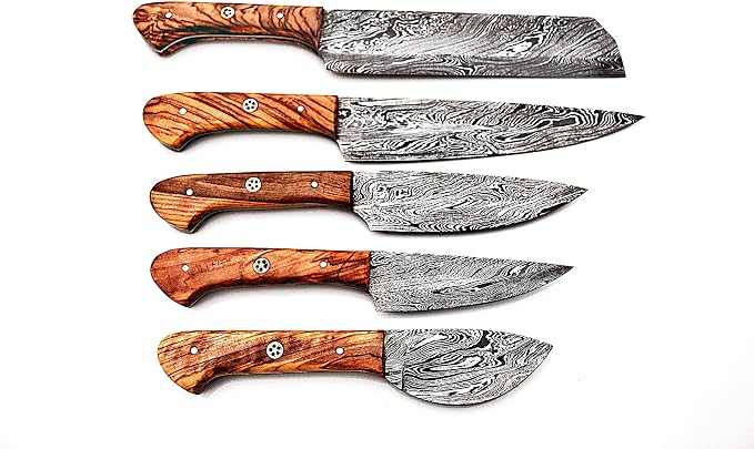 5 piece Damascus steel knife set with pakka wood handles lined up in a row on white background