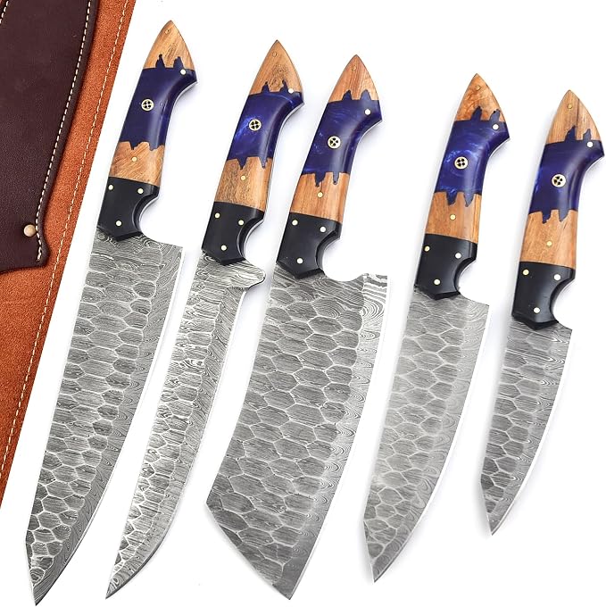 5 Pieces Hammered Damascus Chef Knife Set