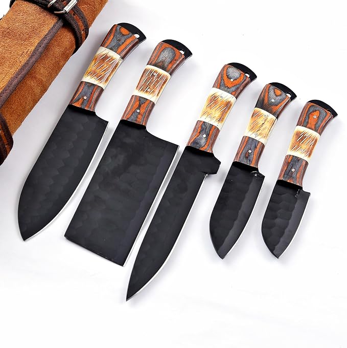 5 piece knife set with wood and bone handles on white background