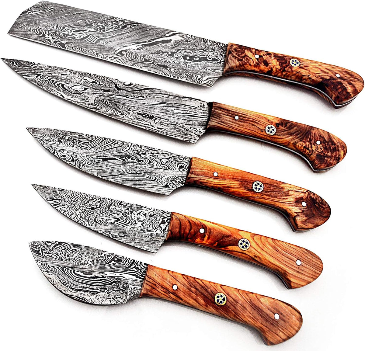 5 piece Damascus steel knife set with pakka wood handles fanned out on white background
