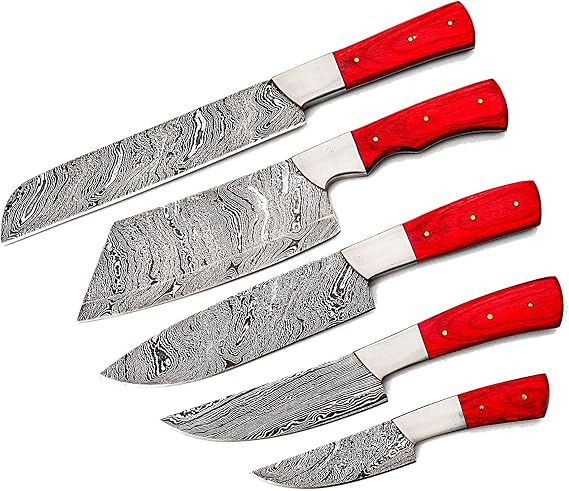 5 pieces Damascus knives with red handles fanned diagonally