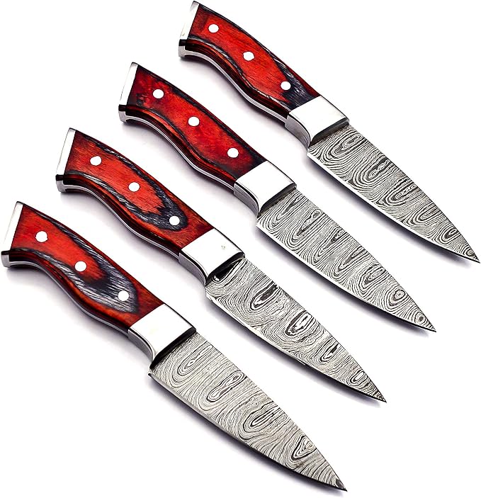 4 Damascus steak knives fanned showing red pakka wood handles up close