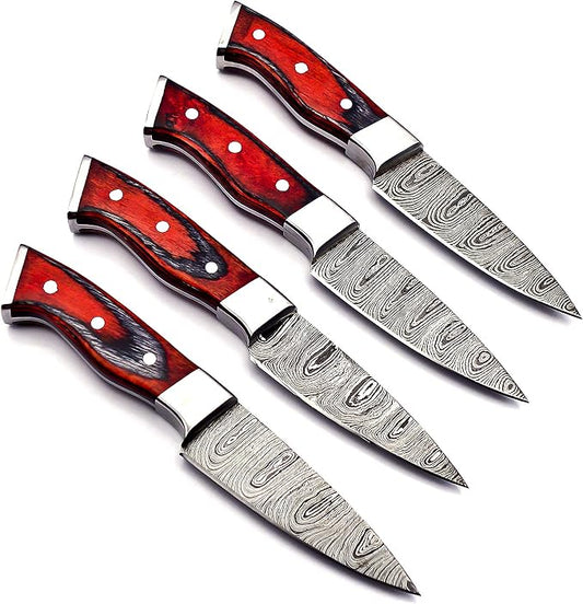 4 Damascus steak knives fanned showing red pakka wood handles up close