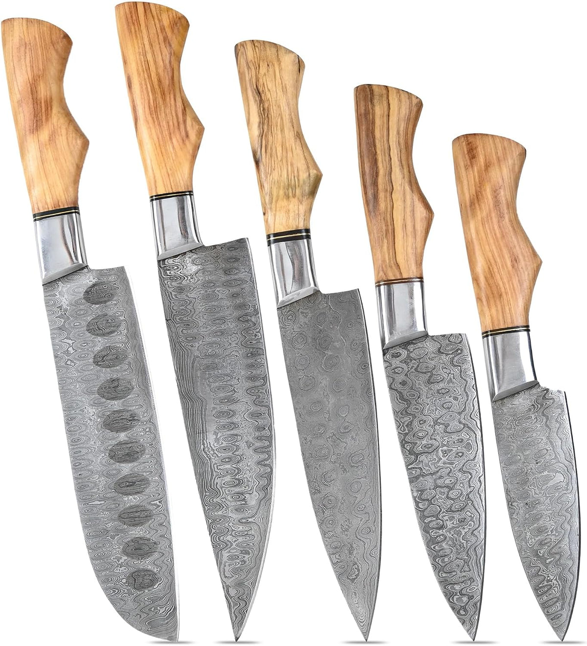 Close up of five Sami Blades Damascus steel blades with pakka wood handles showing hammered dot and wavy patterns