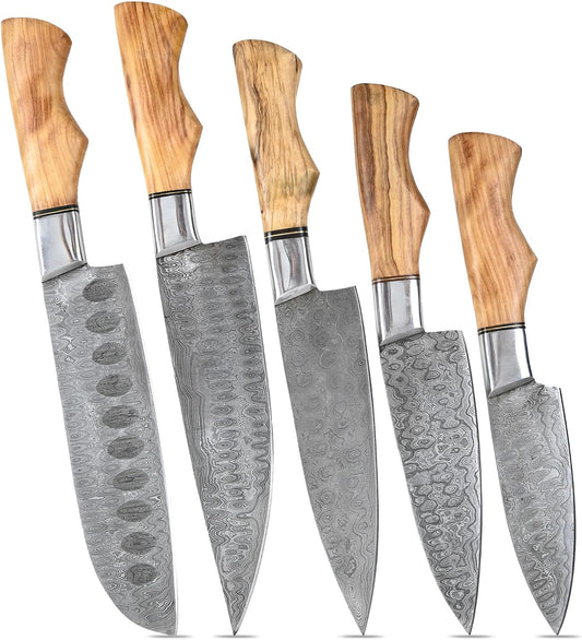 Close up of five Sami Blades Damascus steel blades with pakka wood handles showing hammered dot and wavy patterns