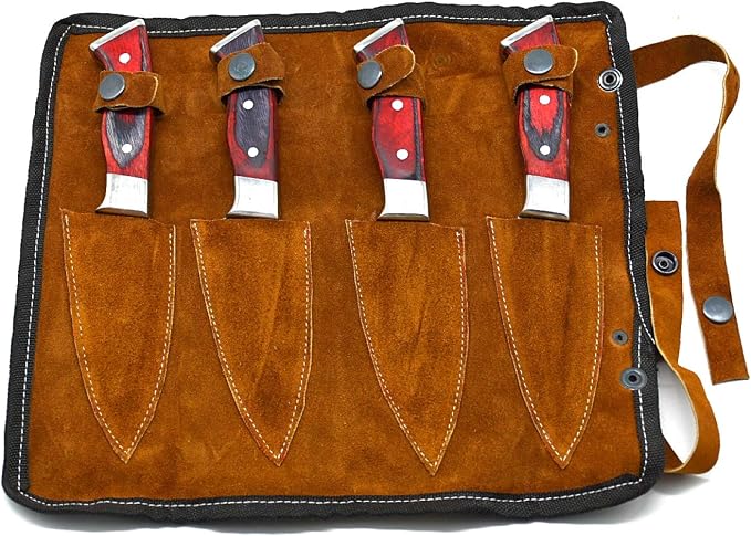Open knife roll case with red pakka wood handles secured under straps