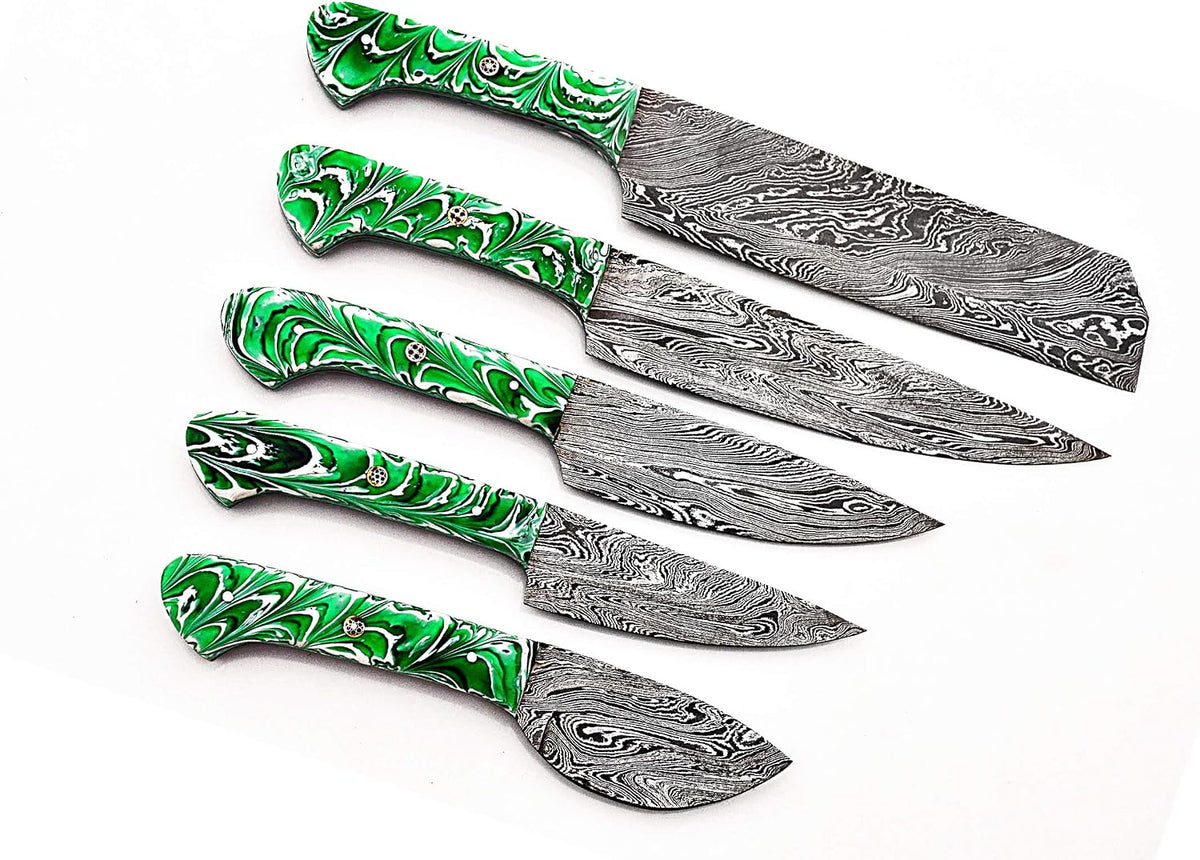 Five Damascus knives fanned out with marbled green and white handles