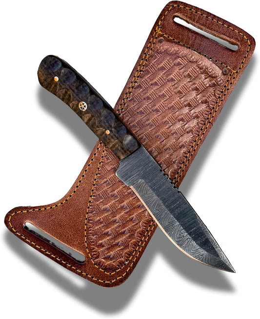 Twist Damascus fixed blade skinning knife with brown Micarta handle and leather sheath