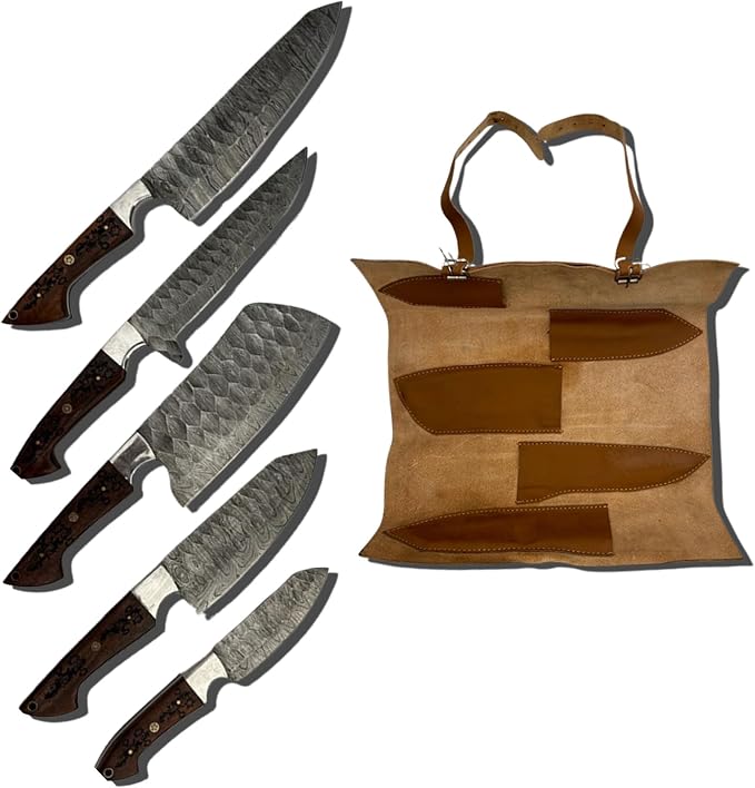 5 Pieces Damascus Chef Knife Set with Wood Handles