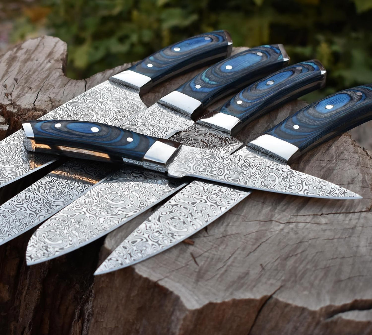 Kitchen knife set of five with blue wood handles resting on a weathered log