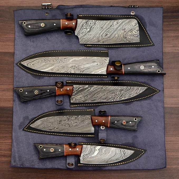 Open flat case showing orange gray wood handle knives beside their sheaths