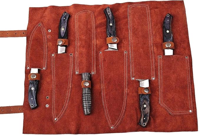 6 piece knife set with black handles in leather case