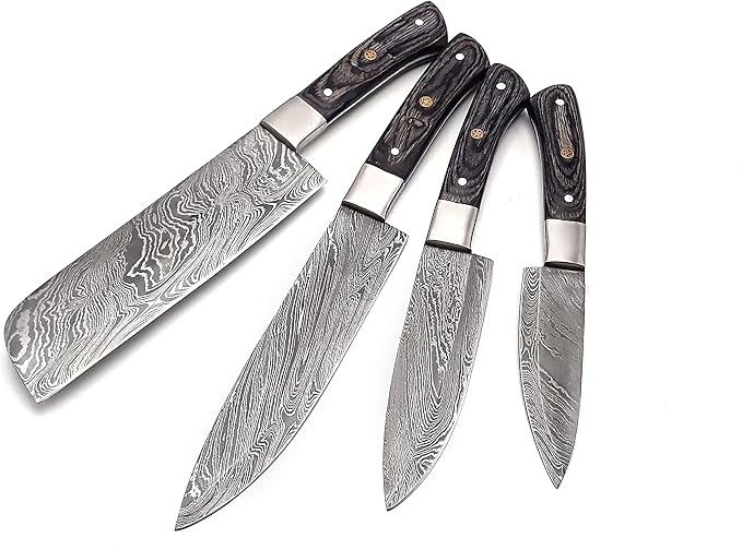 4 Damascus knives fanned out showing wavy blade pattern