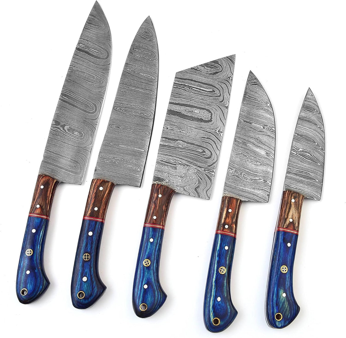 Damascus kitchen knife set of five with blue and rosewood handles on white