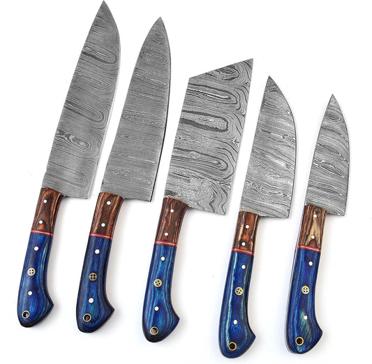 Damascus kitchen knife set of five with blue and rosewood handles on white