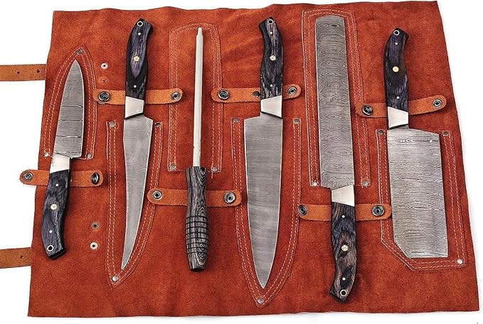 6 piece knife set with black handles and sharpening rod
