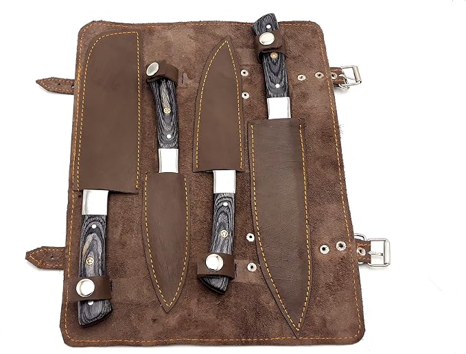 4 Damascus knives placed in open leather case with sheaths