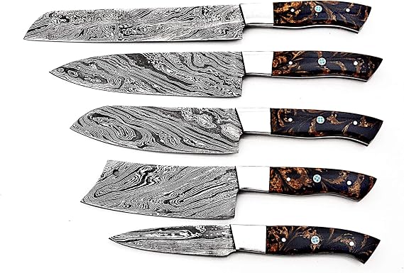 5 piece knife set with black and copper handles blades up