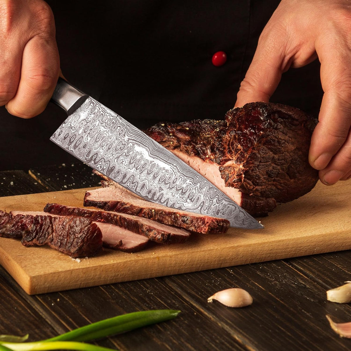 Chef slicing seared meat on a cutting board with a Sami Blades Damascus steel knife featuring a pakka wood handle