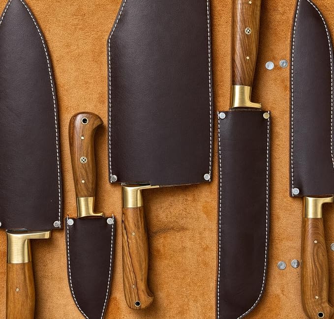 Damascus kitchen knives in stitched leather sheaths with olive wood handles