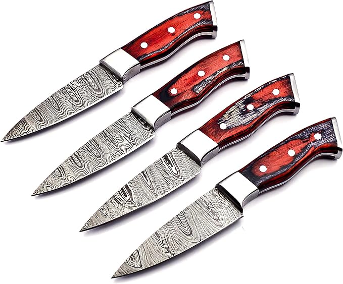4 Damascus steak knives fanned showing red pakka wood handles up close