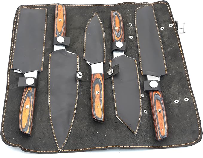 Leather knife roll case with sheaths and knives
