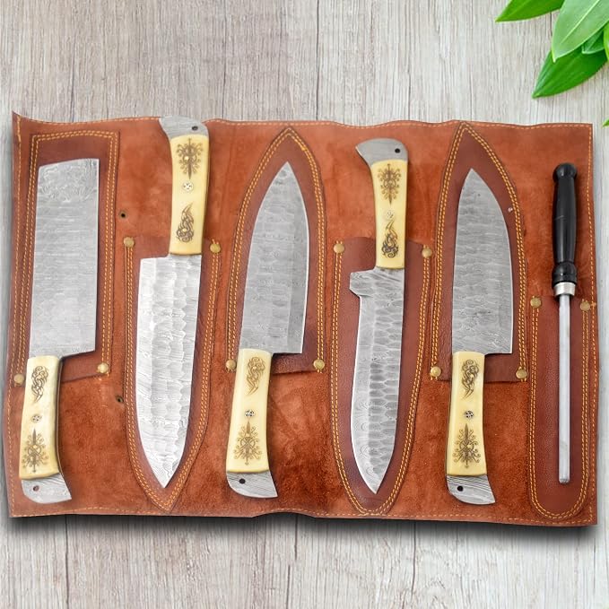 Damascus chef knife set of five with engraved bone handles in a leather roll