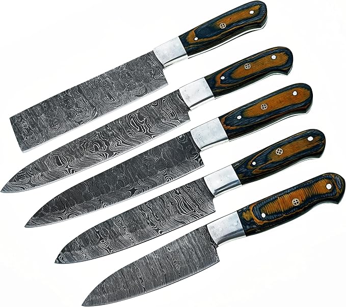 5 piece knife set with blue and yellow handles on white background
