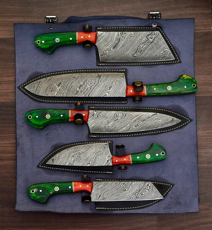 Open flat case showing orange green pakka wood handle knives beside their sheaths