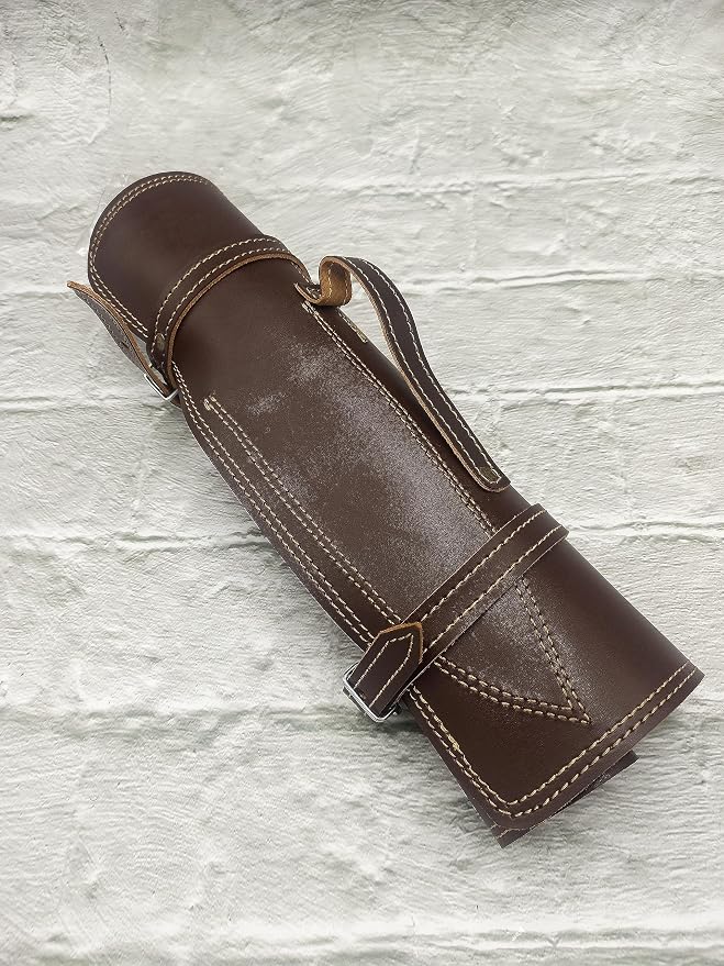 Brown leather knife case with wrist strap