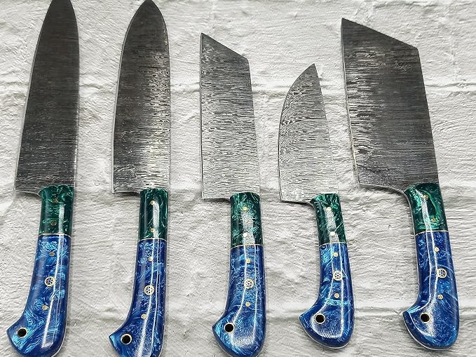 5 piece knife set with green and blue handles arranged