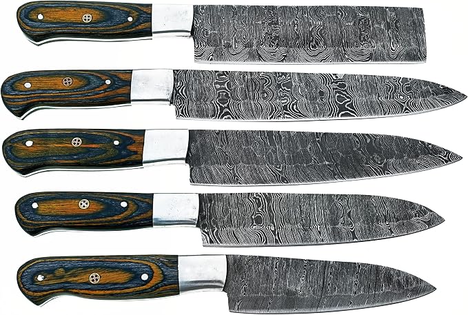 5 piece knife set with blue and yellow handles arranged