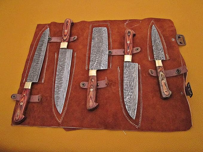 5 piece Damascus knife set in open leather roll case with sheaths
