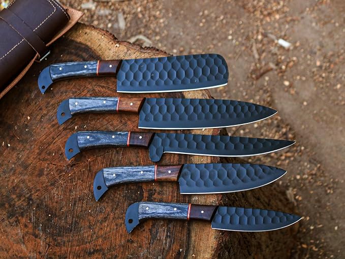 5 piece knife set with black blades and case outdoors