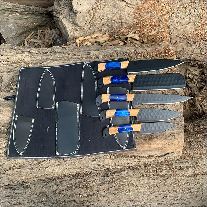 Leather roll case opened flat showing sheaths for each knife in the set