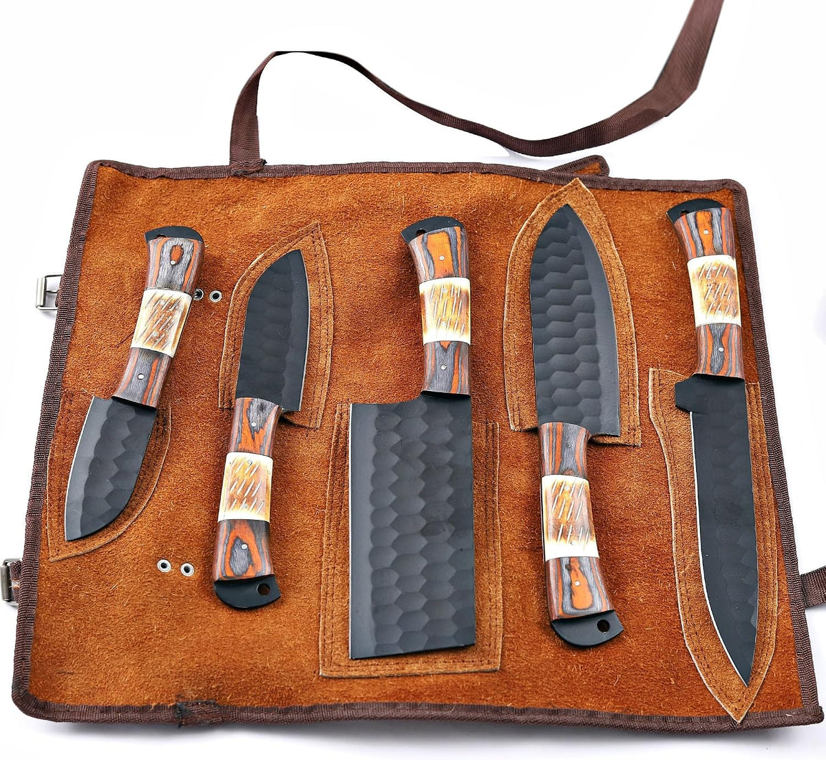 5 piece knife set with wood and bone handles in leather case
