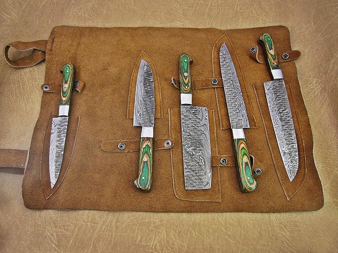 Open leather roll case showing pakka wood handle knives beside individual sheaths